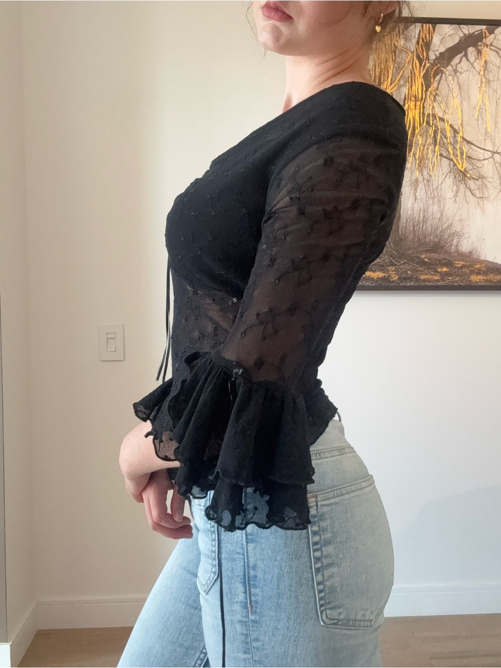 Women's Black Sheer Ruffle-Sleeve Tie-Front Blouse